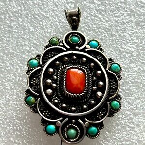Vintage Coral Turquoise Sterling silver pin pendant marked as is